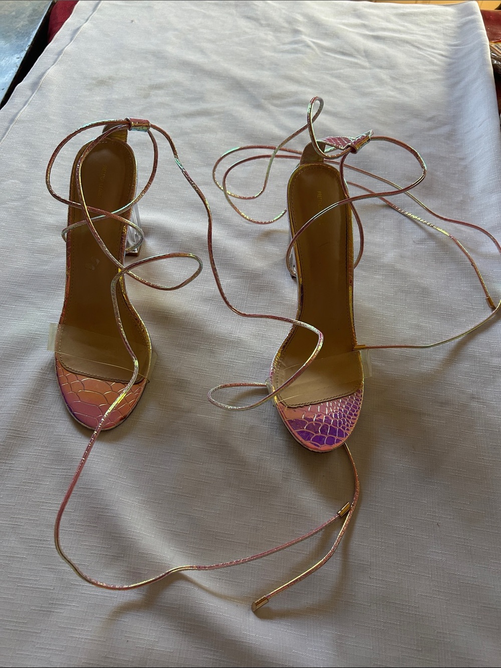 PrettyLittleThing Iridescent Pink Lace-Up Heeled Sandals.Have a peel inside che
